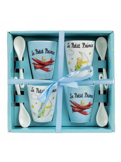 PACK DE 4 TASSES LE PETIT PRINCE AVION ET LUNE AVEC CUILLERES