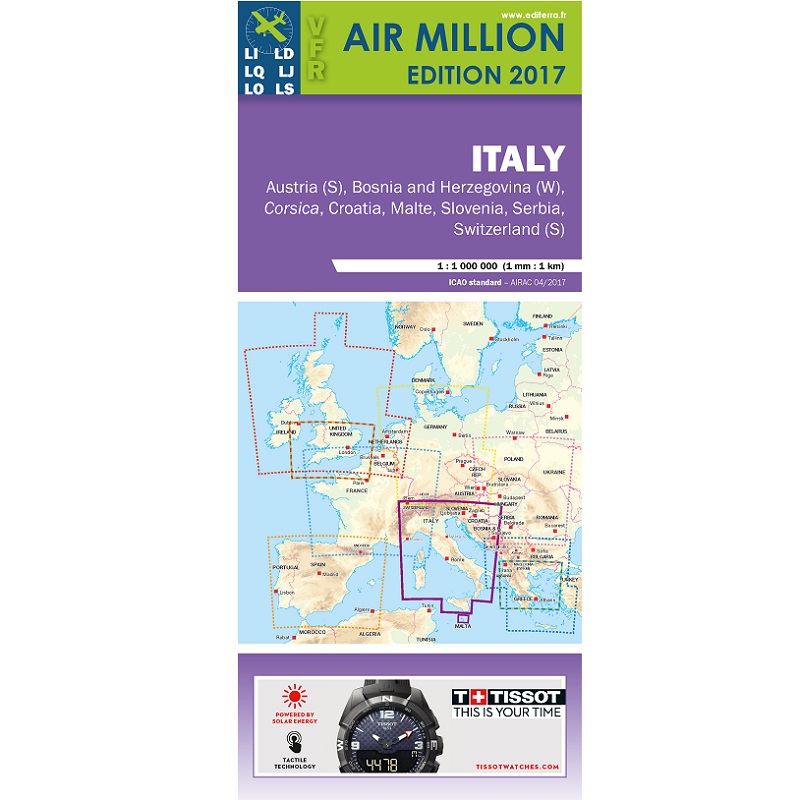 CARTE VFR 1/1000.000 ITALY + (CORSE, MALTE, AUTRICHE, SLOVENIE, SUISSE) AIR MILLION PARUTION 2024